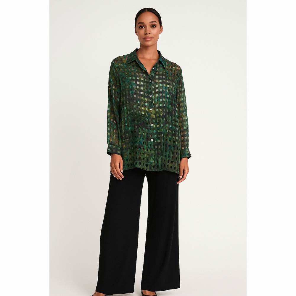 Jennifer Lauren VTG Plus Size Metallic Sheer Button Front Chic Blouse Tunic Top